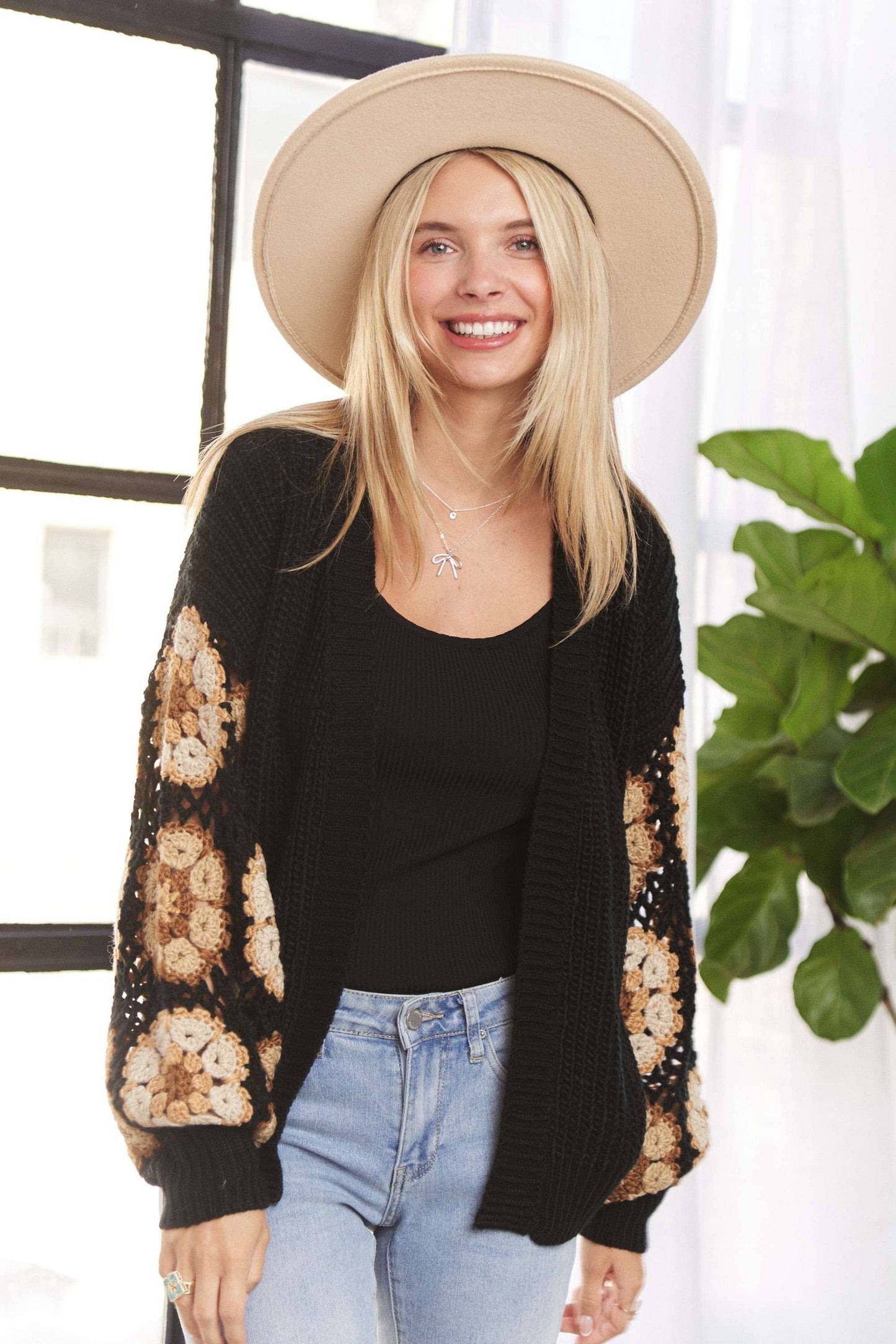 CROCHET PUFF SLEEVES SWEATER CARDIGAN