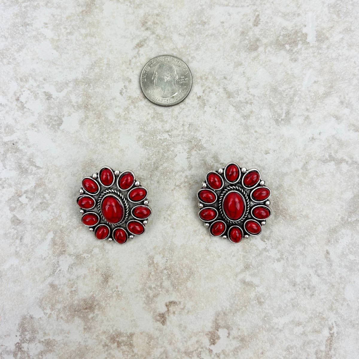 Silver and Red Stone Floral Concho Stud Earrings