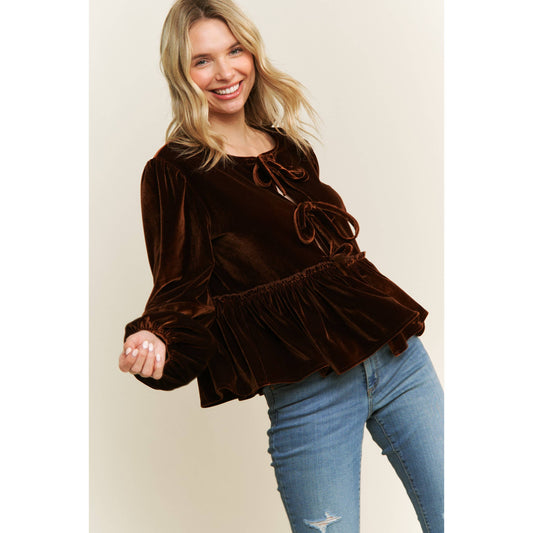 VELVET OPEN FRONT BABYDOLL LONG SLEEVE BLOUSE