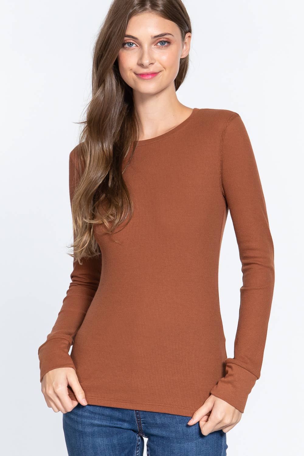 FITTED LONG SLEEVE CREW NECK THERMAL RIBBED TOP