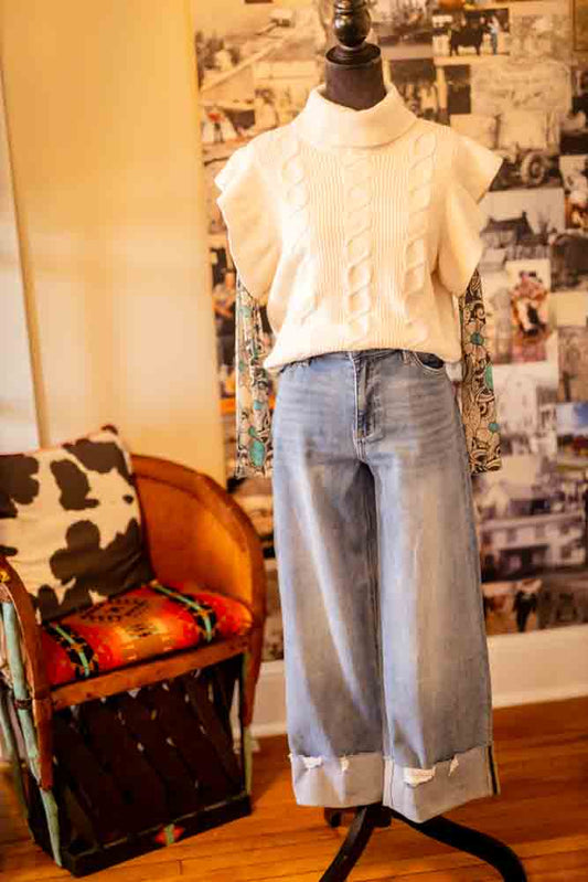 Western Knit Turtleneck Ruffle Sweater Top
