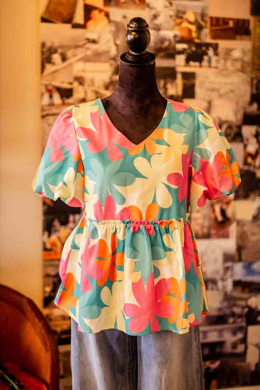 Floral Bubble Sleeve V-Neck Blouse