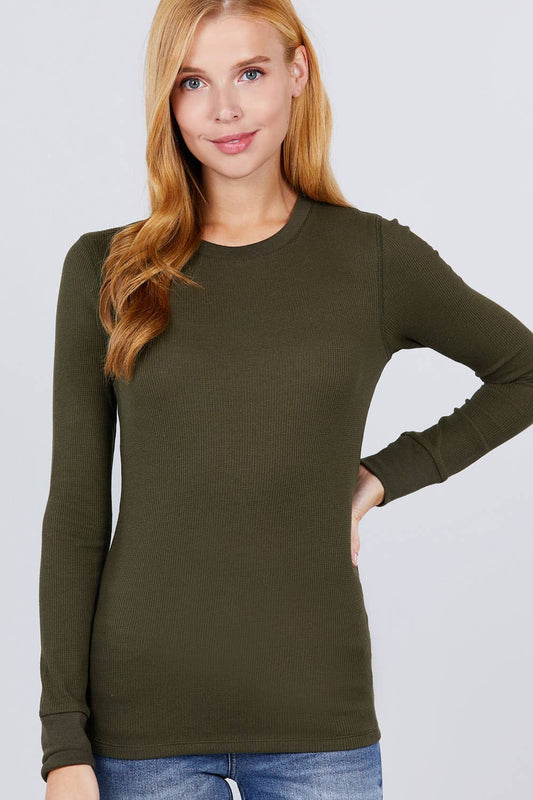 FITTED LONG SLEEVE CREW NECK THERMAL RIBBED TOP
