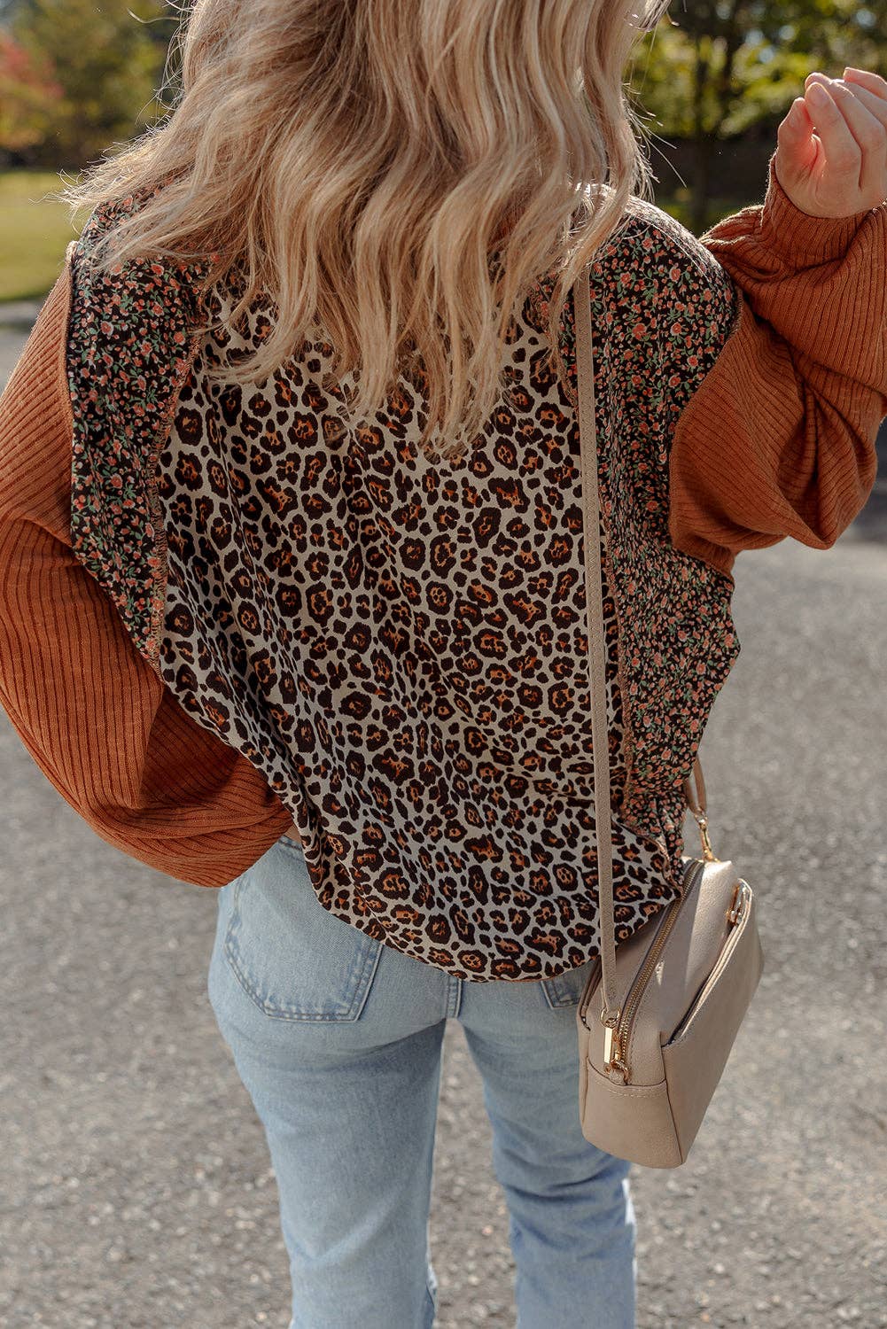 Leopard Floral Ribbed Puff Top
