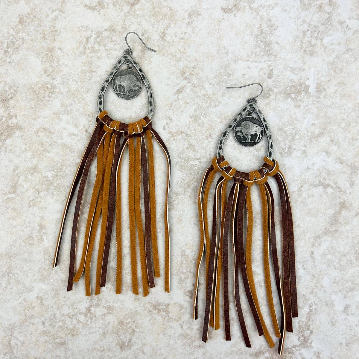 Silver Teardrop with Coin Buffalo Tassel Earrings