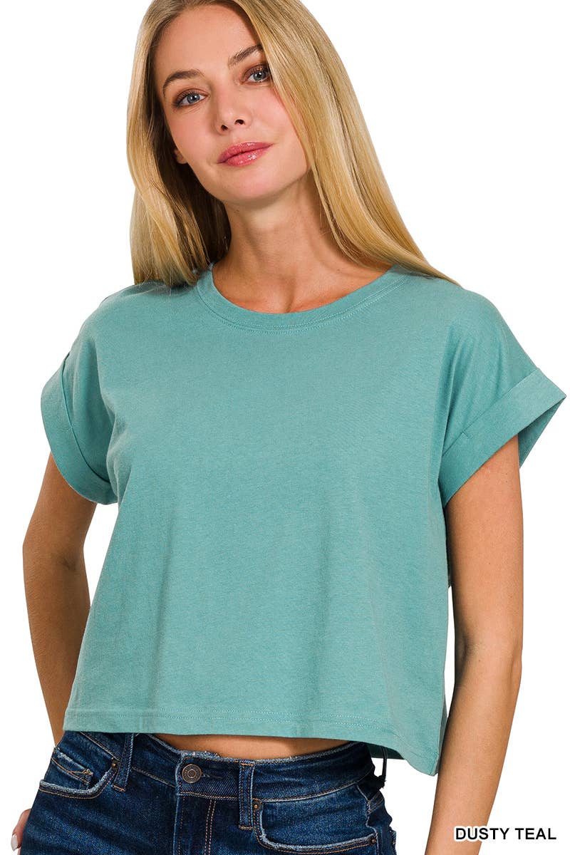 Cropped Teal Cotton Short Sleeve