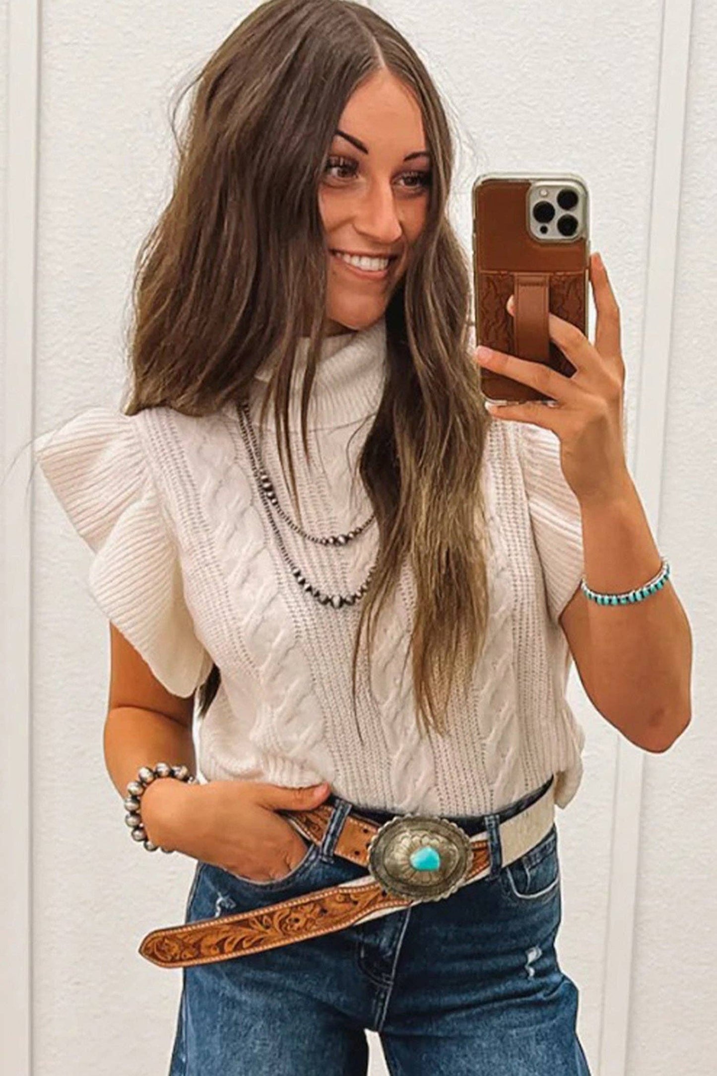 Western Knit Turtleneck Ruffle Sweater Top