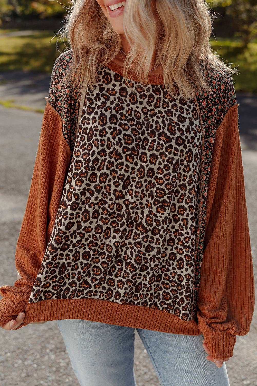 Leopard Floral Ribbed Puff Top