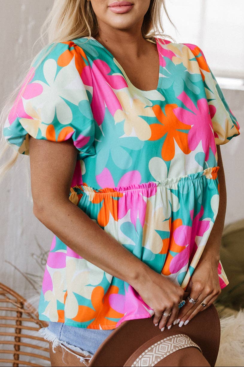 Floral Bubble Sleeve V-Neck Blouse