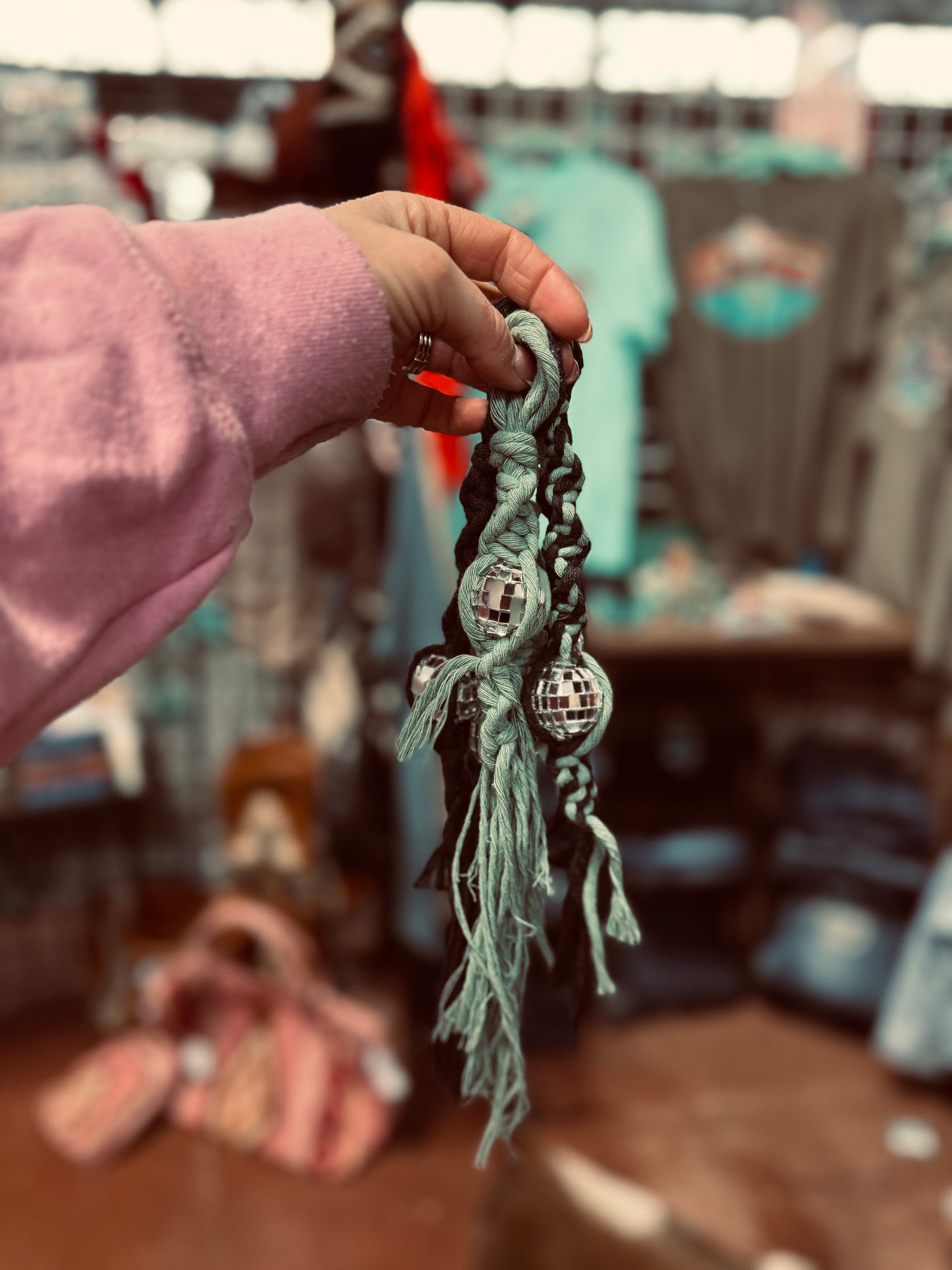 Disco Ball Macrame Rearview Mirror Chains