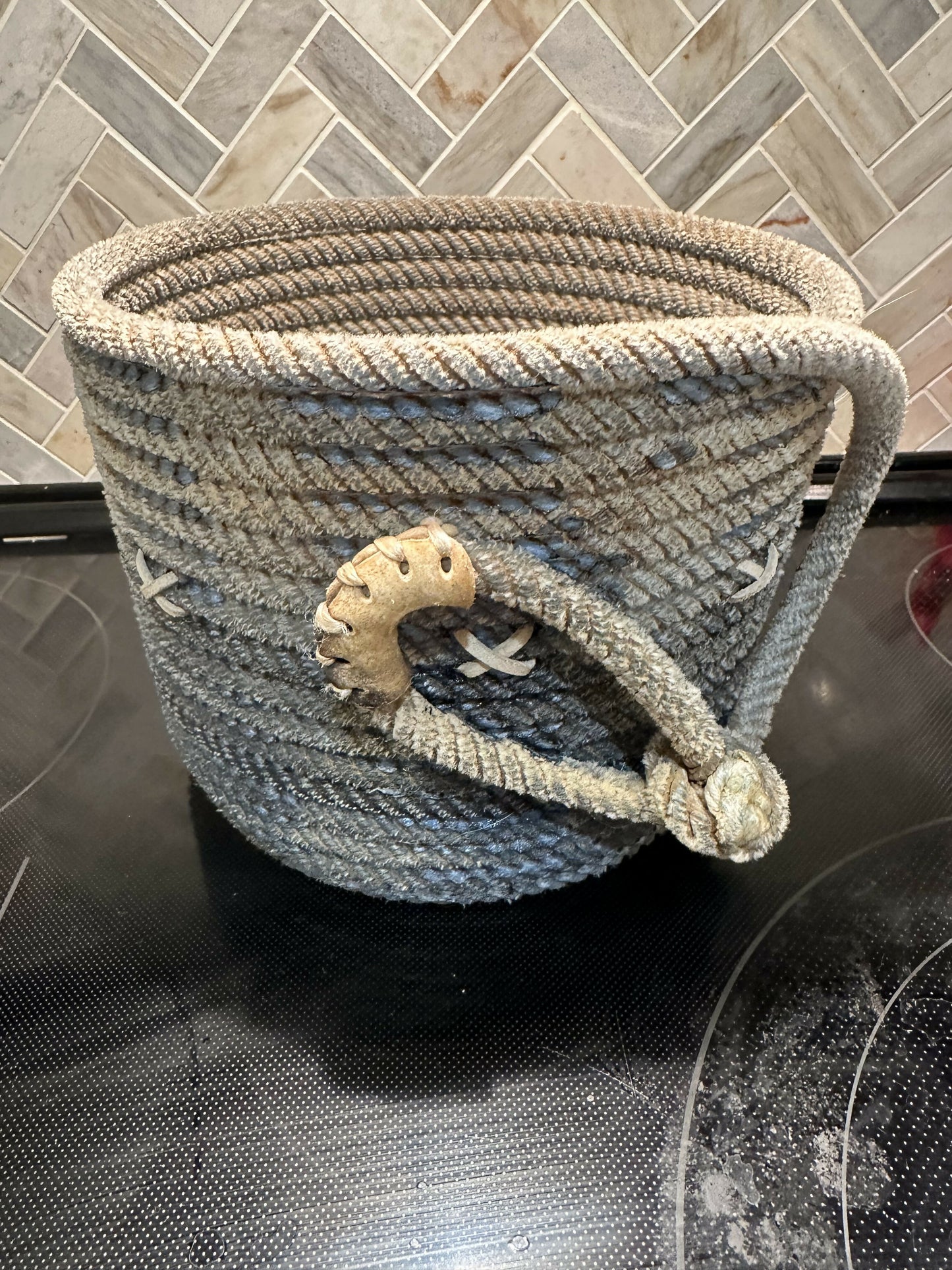 Blue Crock with leather stitching