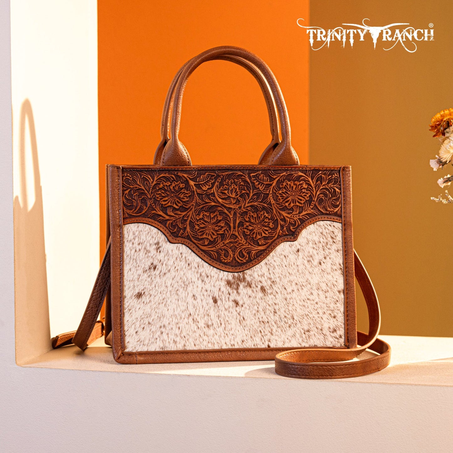 Trinity Ranch Hair On Cowhide Floral Tooled Concealed Carry Tote/Crossbody