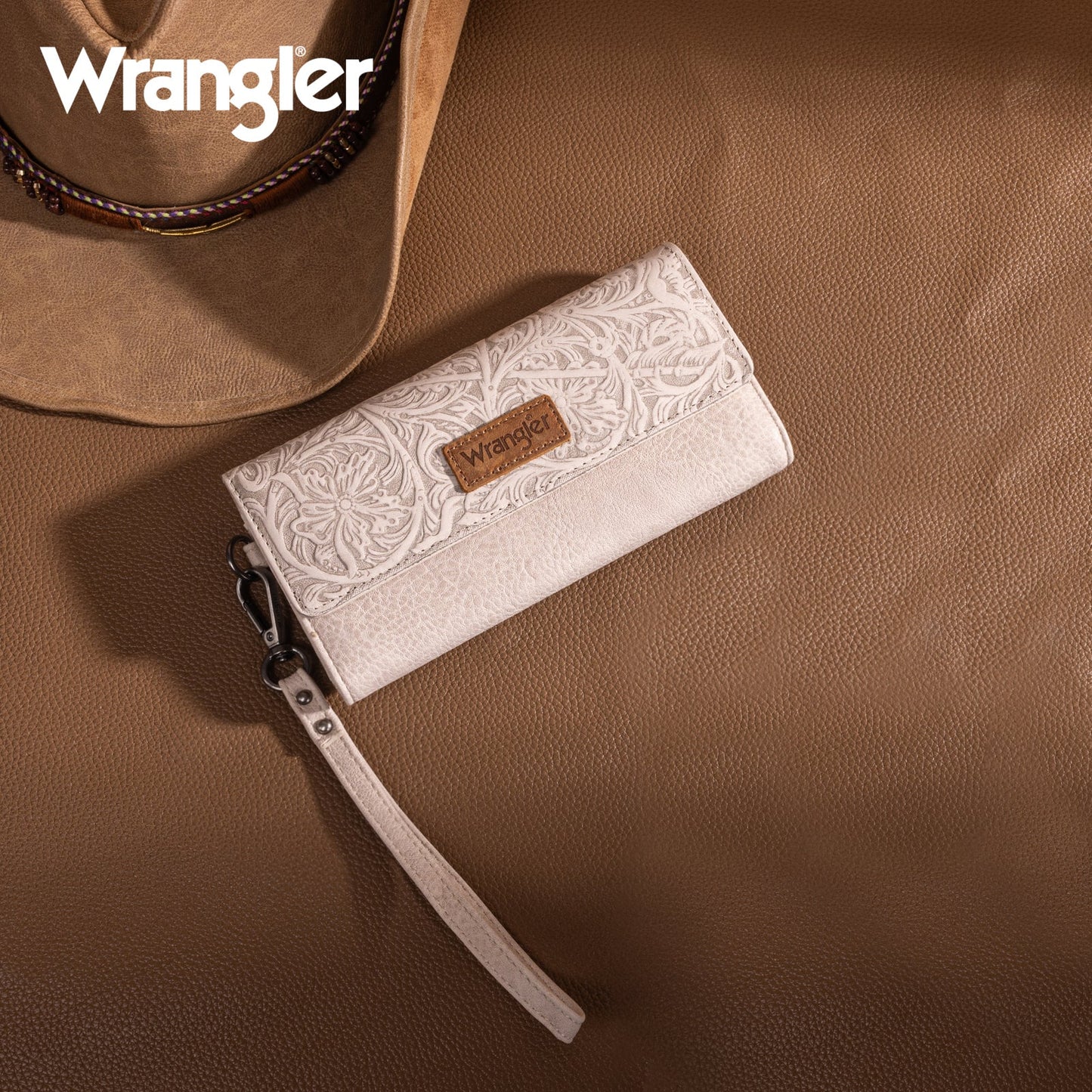 Wrangler Western Floral Tooled Tri-fold RFID Wallet/Wristlet
