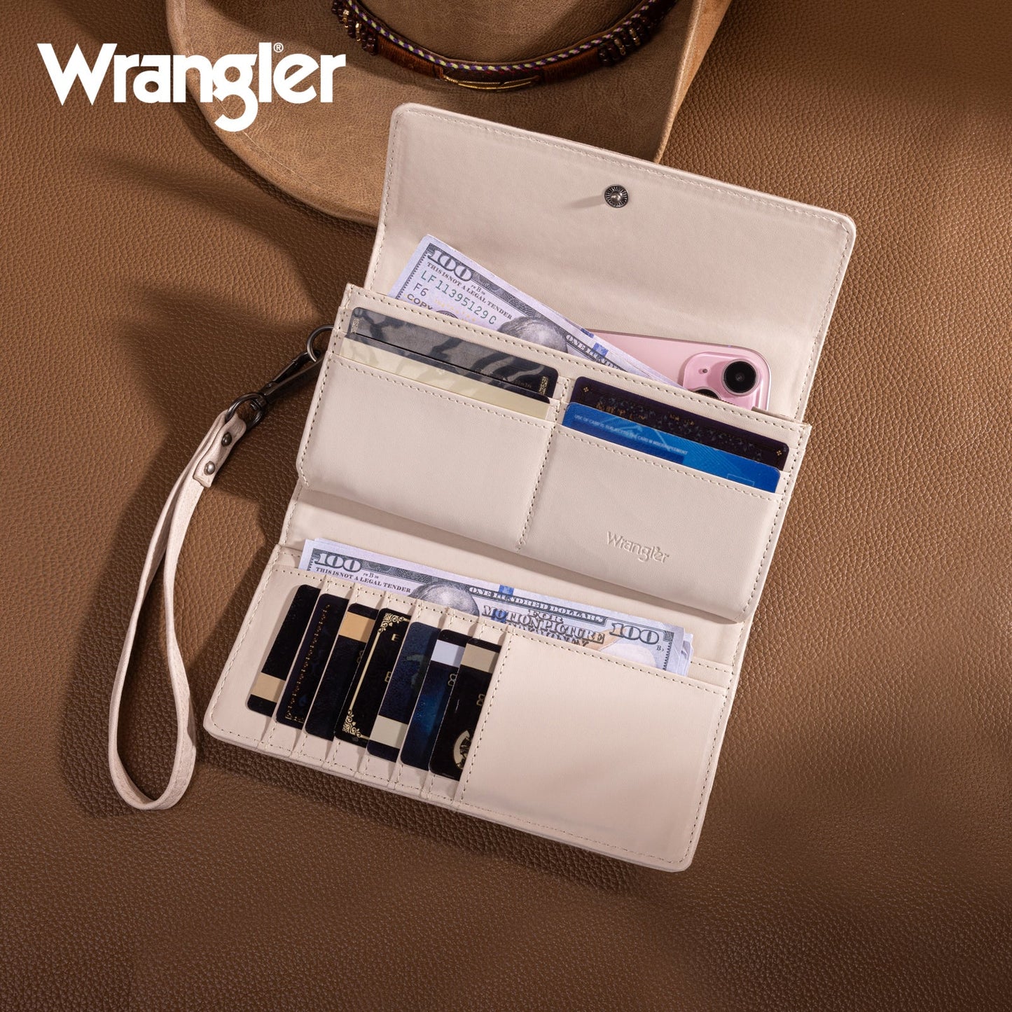 Wrangler Western Floral Tooled Tri-fold RFID Wallet/Wristlet