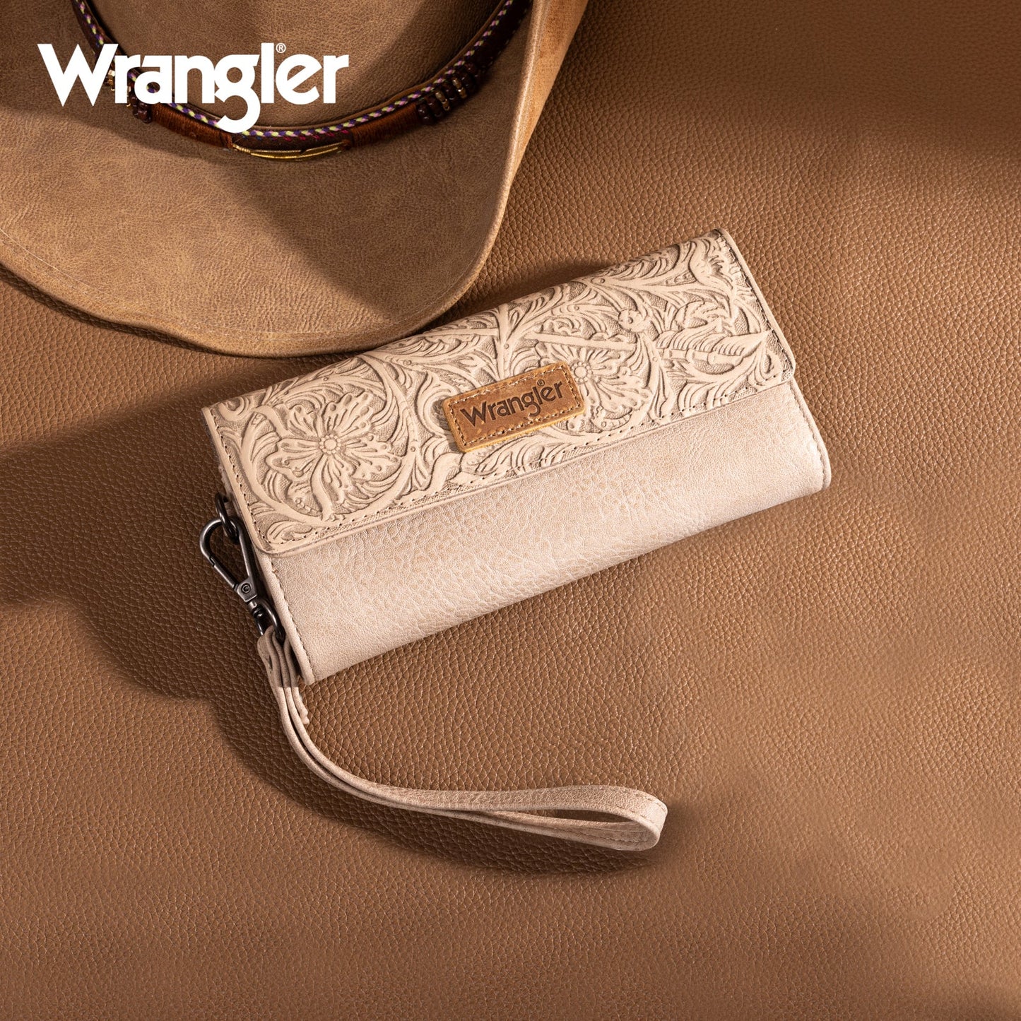 Wrangler Western Floral Tooled Tri-fold RFID Wallet/Wristlet