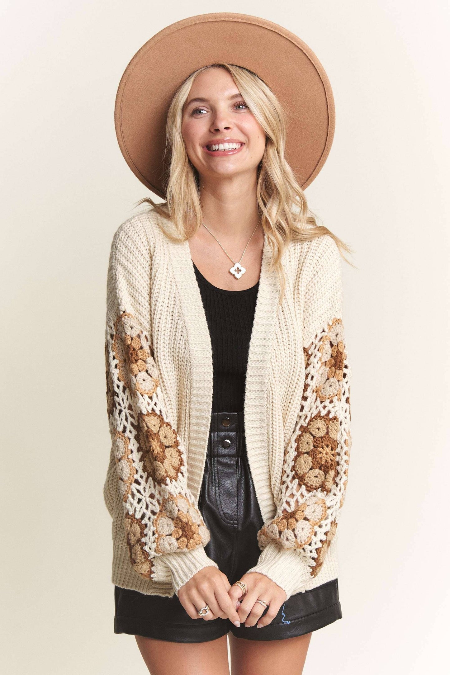 CROCHET PUFF SLEEVES SWEATER CARDIGAN