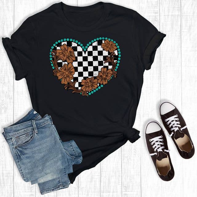 Checkered Tooled Heart Tee