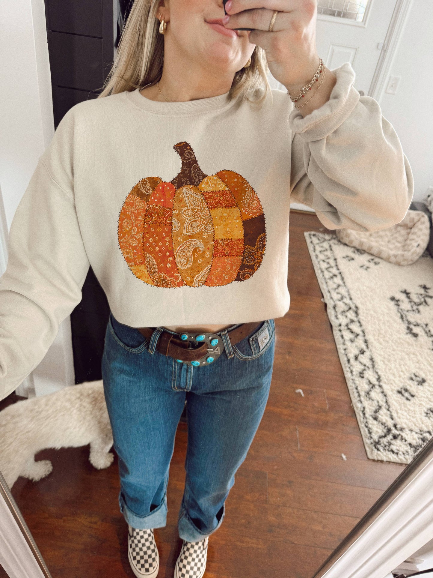 PAISLEY PATCHWORK PUMPKIN CREWNECK