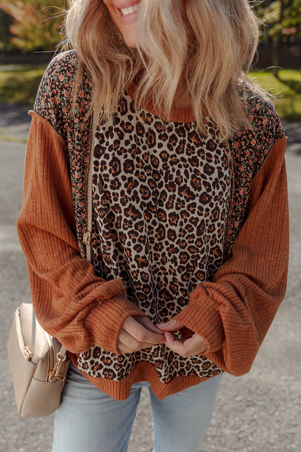 Leopard Floral Ribbed Puff Top