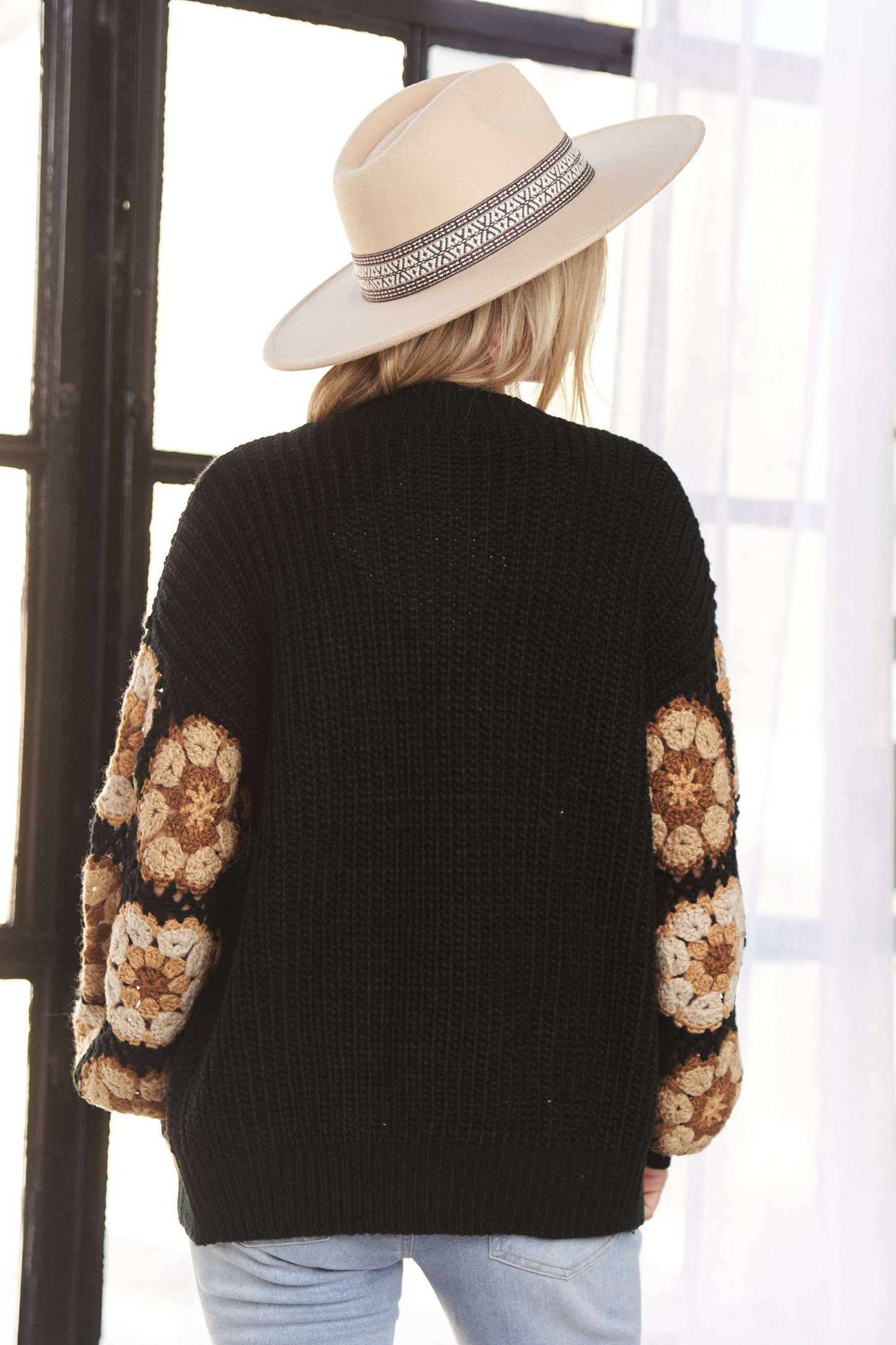 CROCHET PUFF SLEEVES SWEATER CARDIGAN