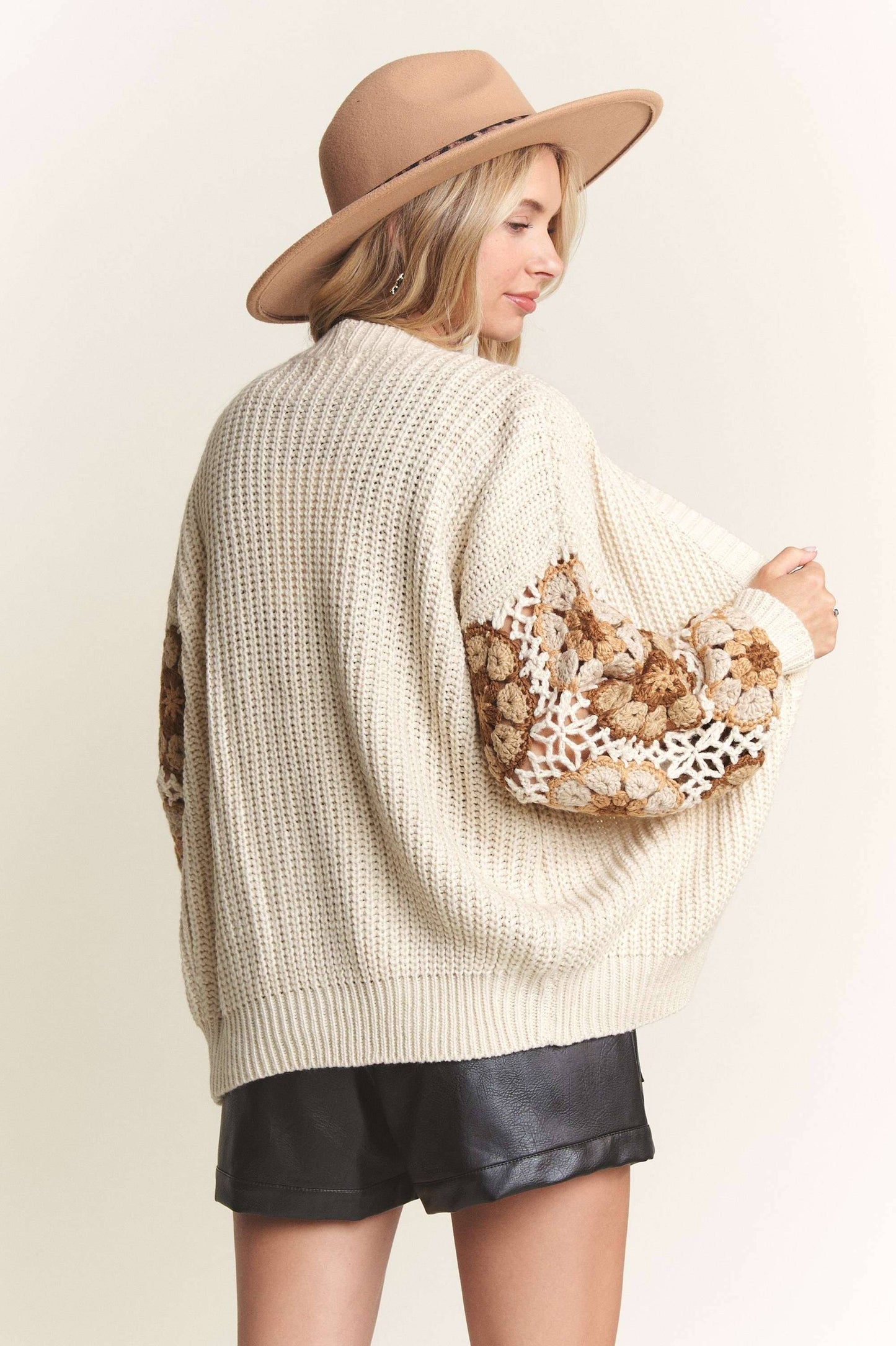 CROCHET PUFF SLEEVES SWEATER CARDIGAN