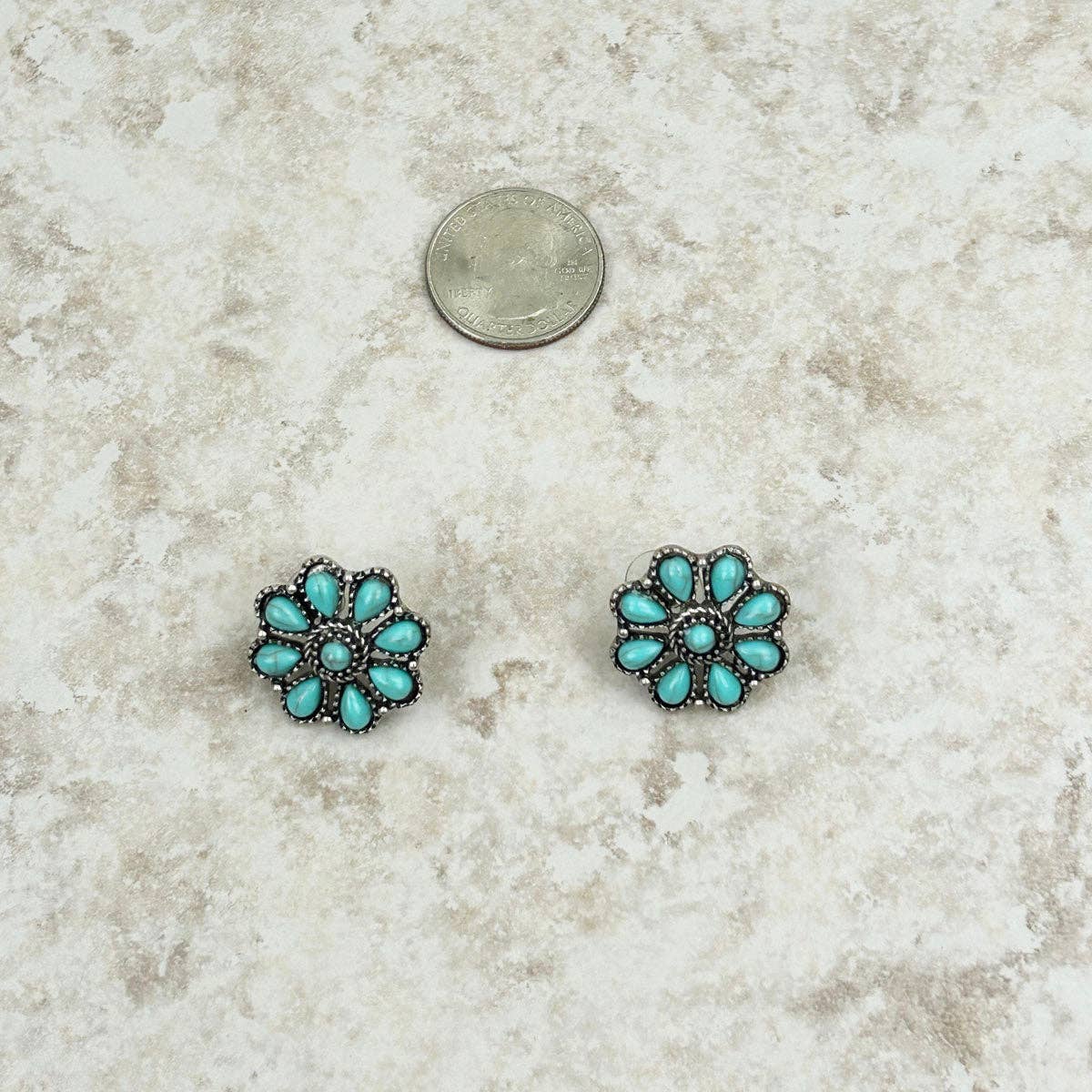 Small Silver and Turquoise Stone Floral Concho Stud Earrings