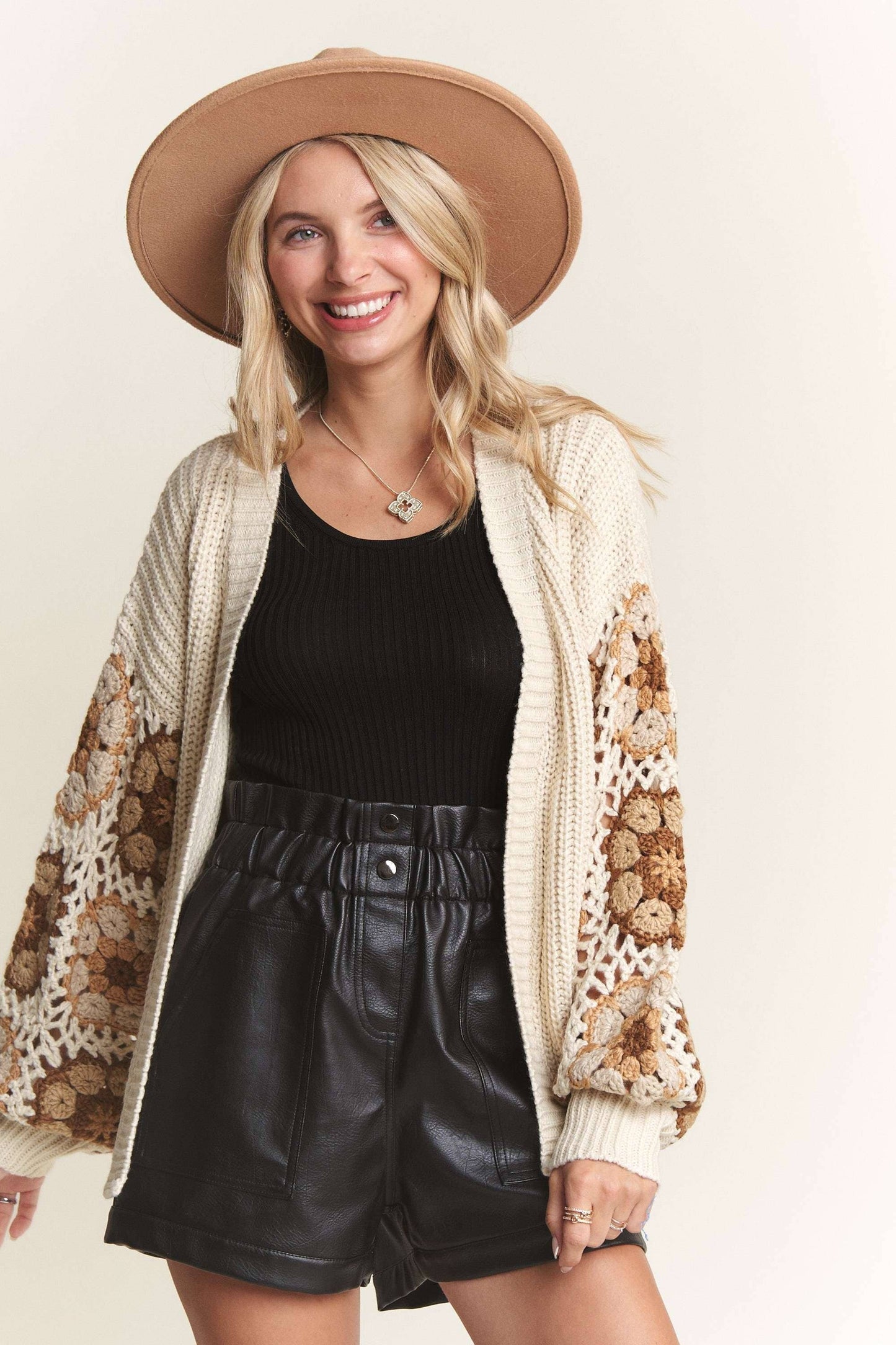 CROCHET PUFF SLEEVES SWEATER CARDIGAN