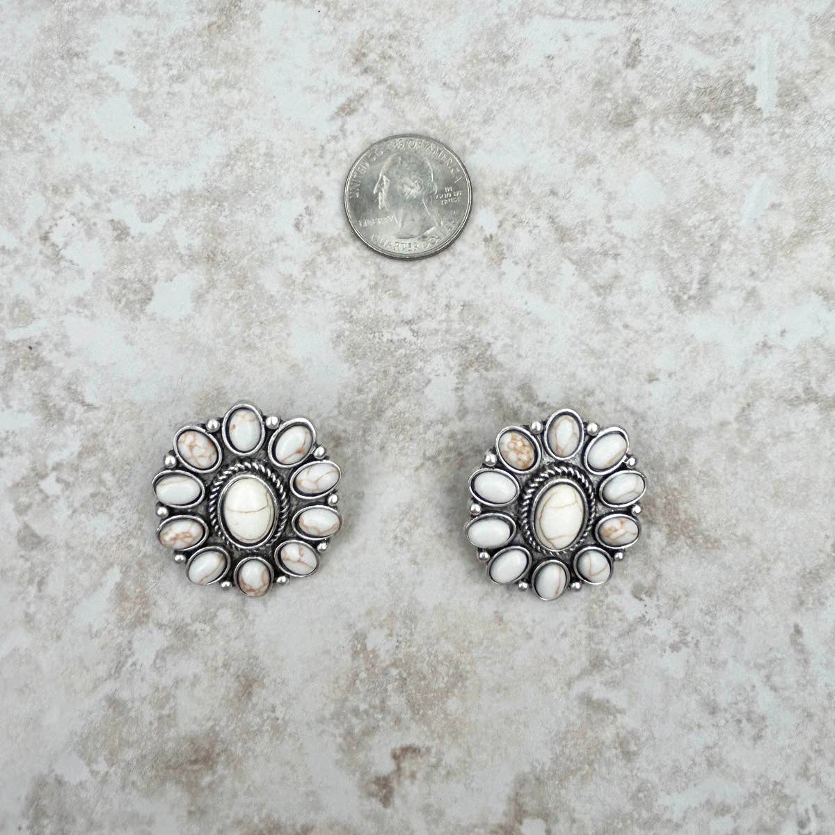Silver and White Stone Floral Concho Stud/Post Earrings