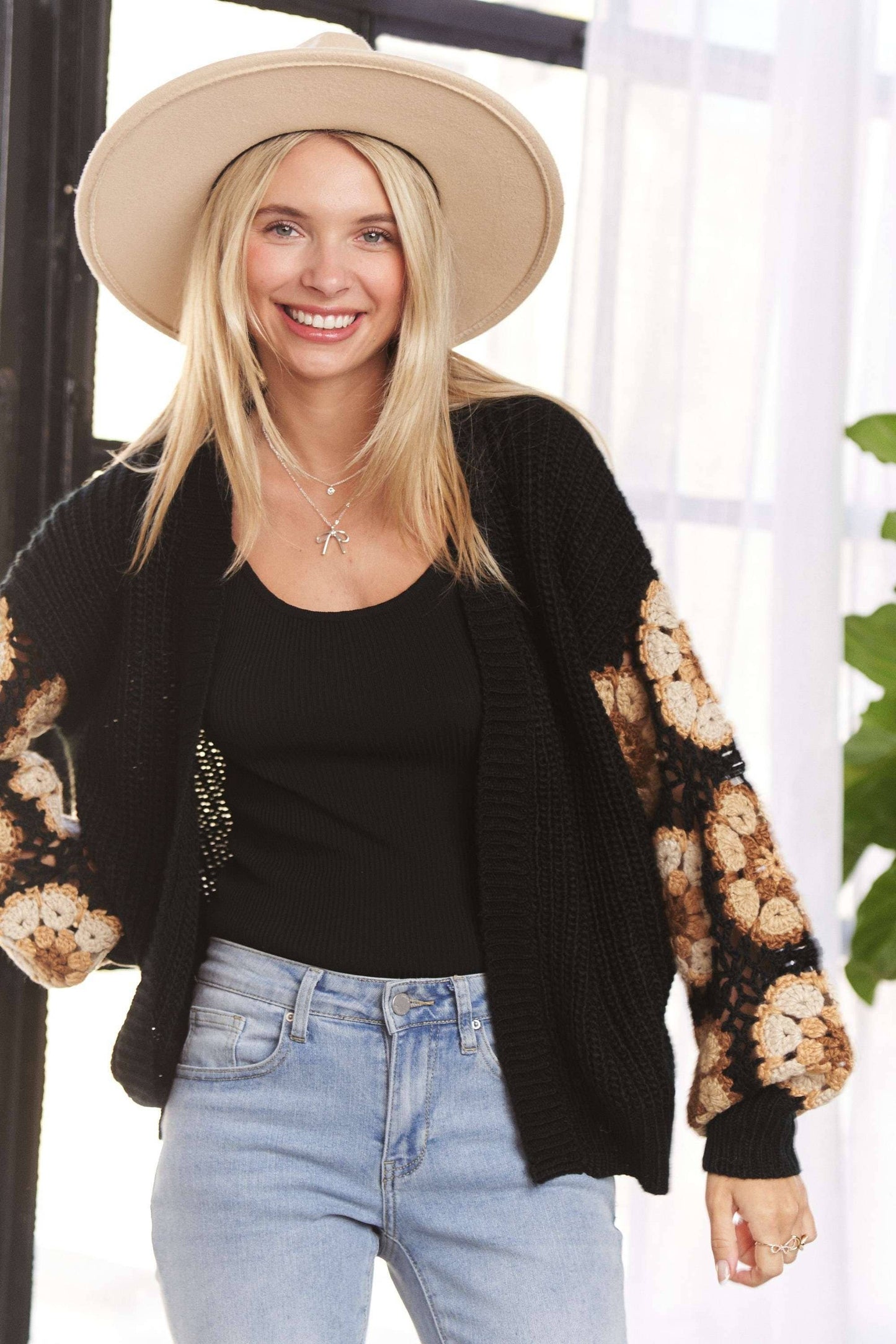 CROCHET PUFF SLEEVES SWEATER CARDIGAN