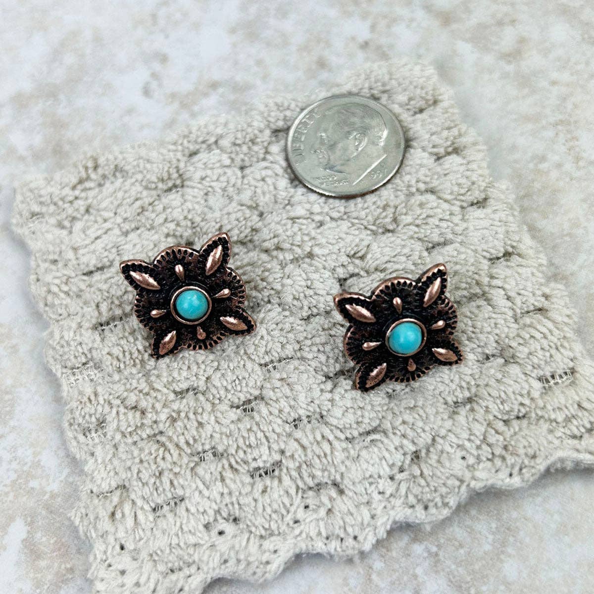 Cooper Blue Turquoise Stone Concho Stud Earrings