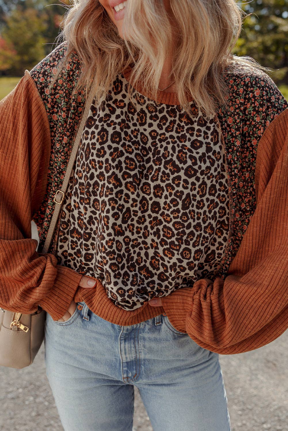 Leopard Floral Ribbed Puff Top