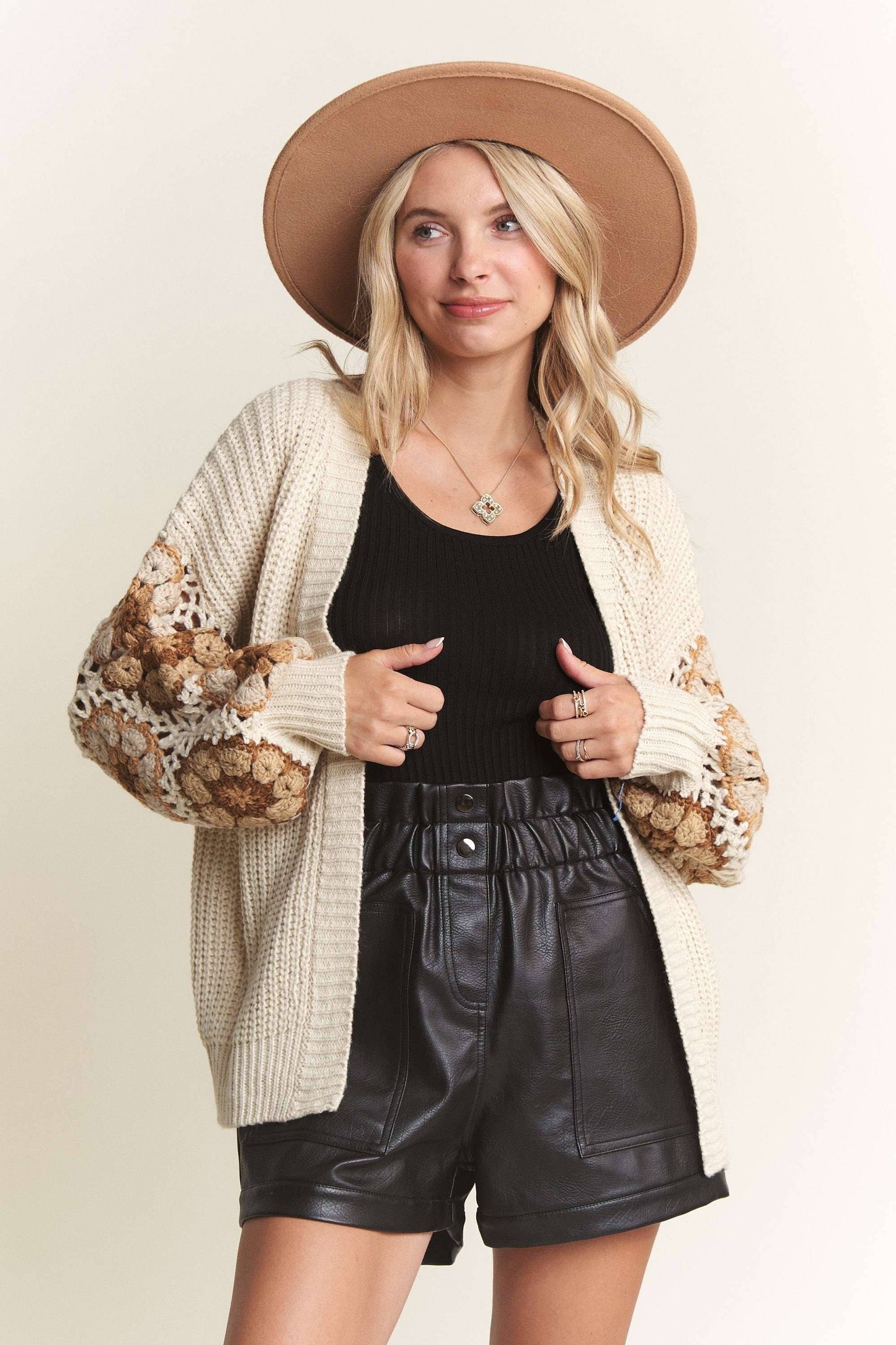 CROCHET PUFF SLEEVES SWEATER CARDIGAN
