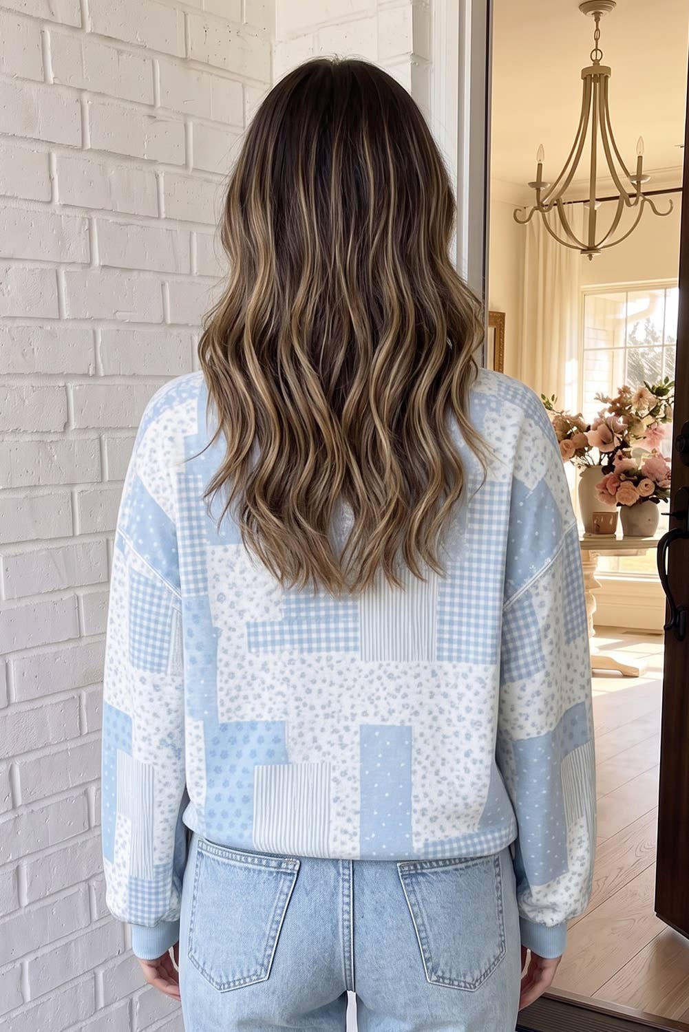 Tan Patchwork Mock Neck Top