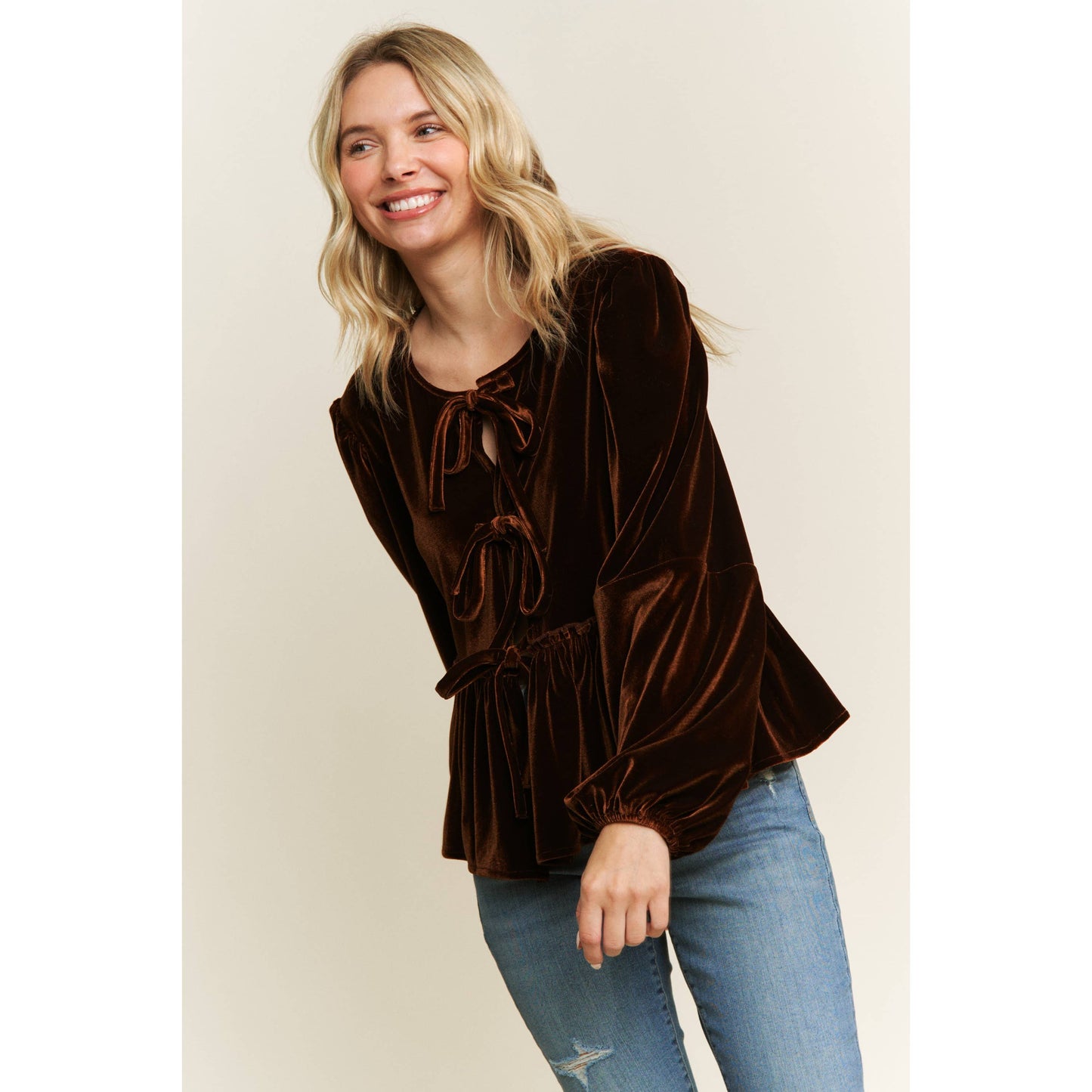 VELVET OPEN FRONT BABYDOLL LONG SLEEVE BLOUSE