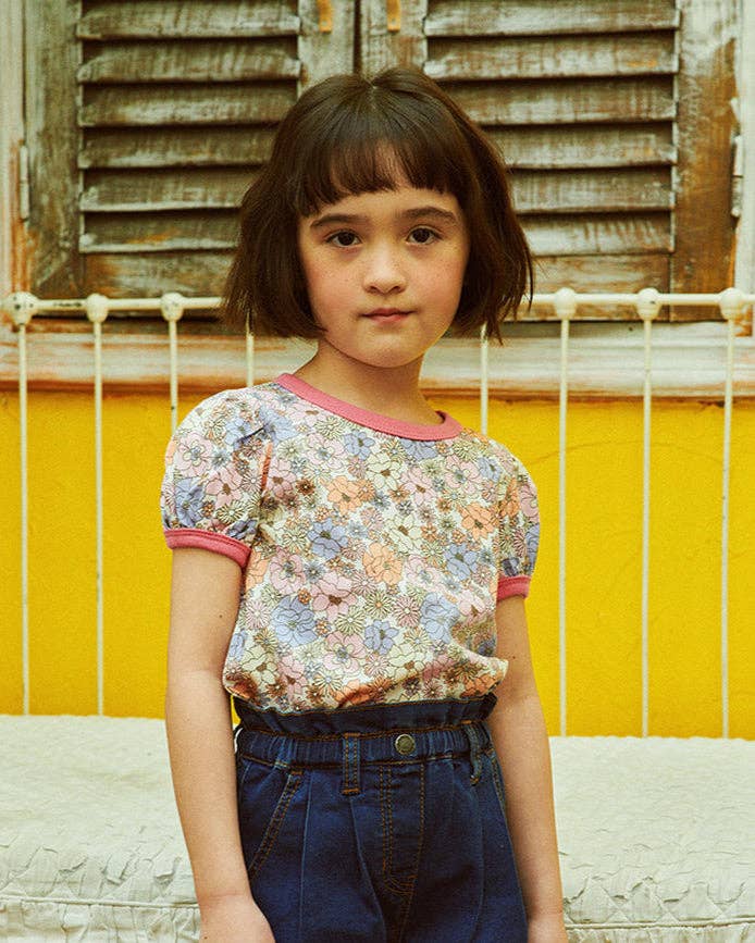 Floral All-Over Print Short Puff Sleeve T-Shirt