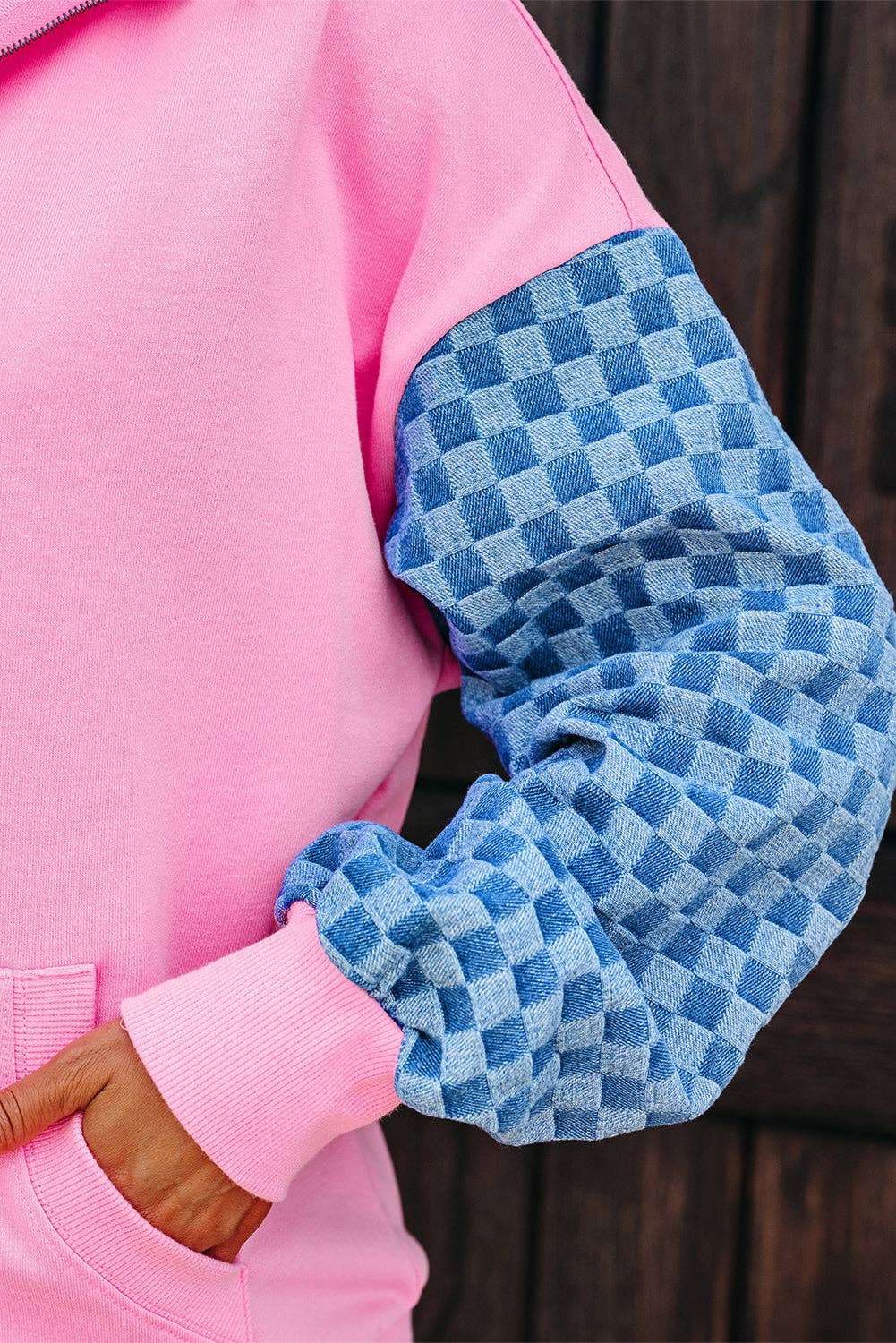 Hot Pink Denim Checkered Hoodie