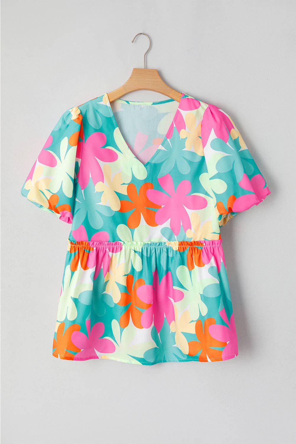 Floral Bubble Sleeve V-Neck Blouse