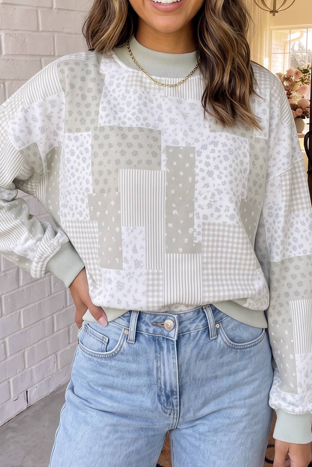 Tan Patchwork Mock Neck Top