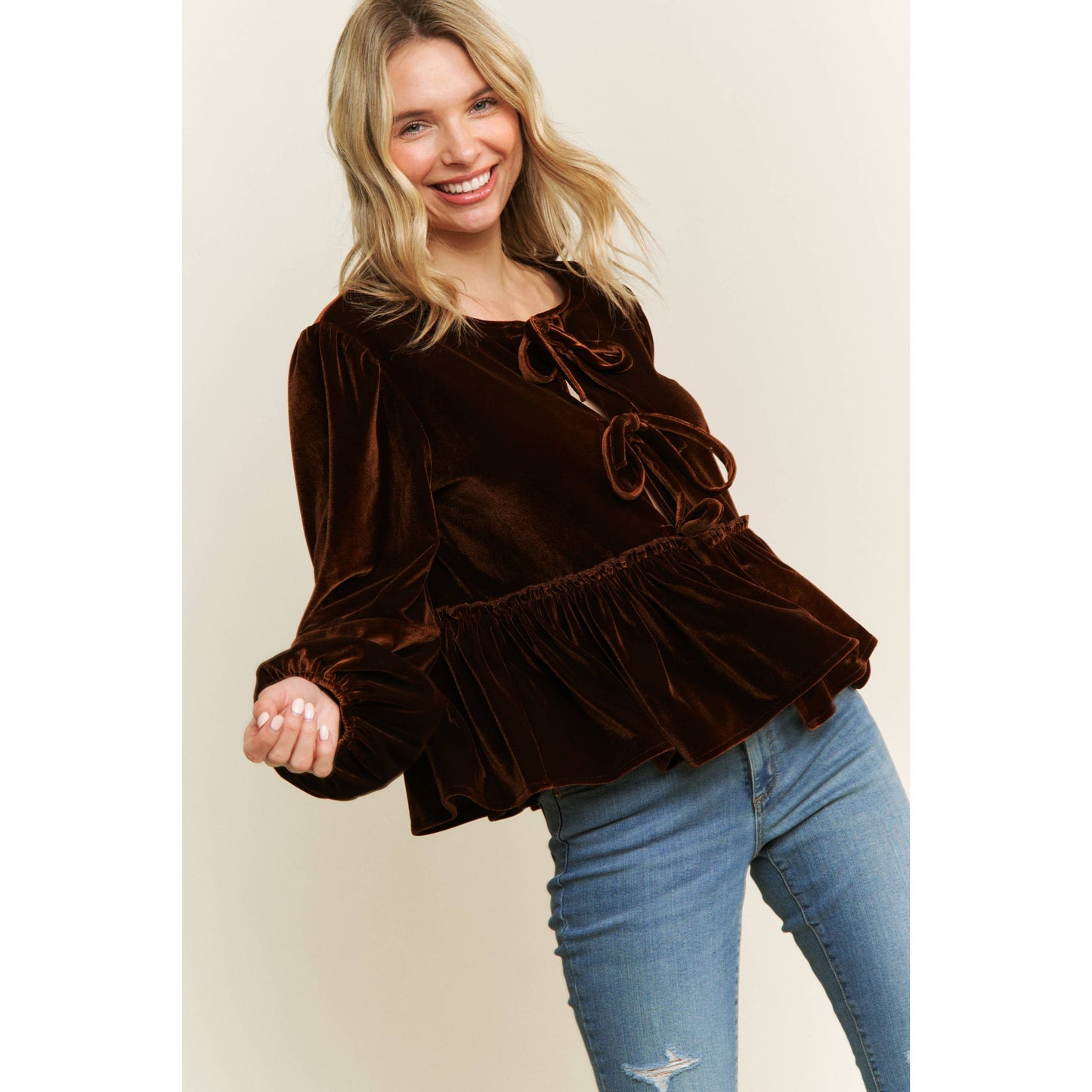 VELVET OPEN FRONT BABYDOLL LONG SLEEVE BLOUSE