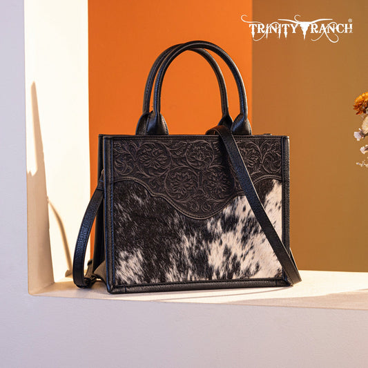 Trinity Ranch Hair On Cowhide Floral Tooled Concealed Carry Tote/Crossbody