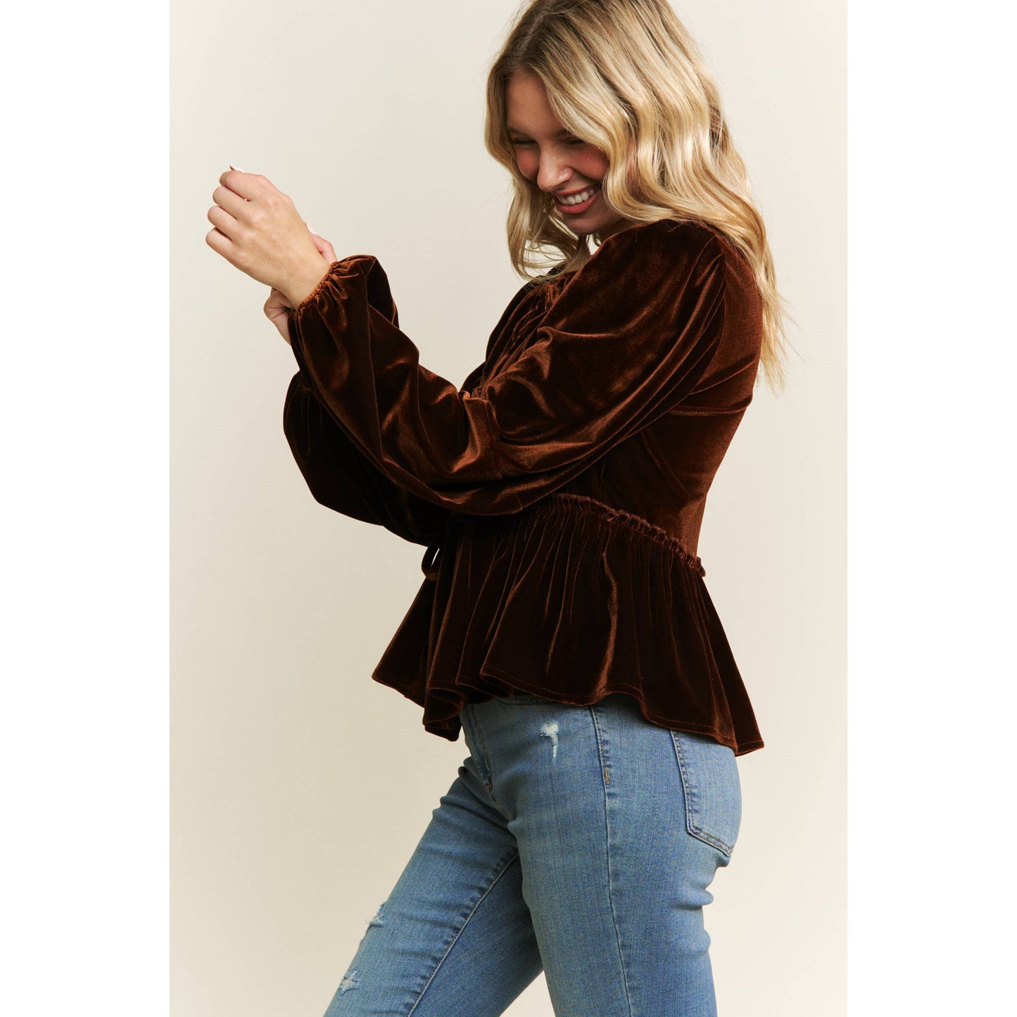 VELVET OPEN FRONT BABYDOLL LONG SLEEVE BLOUSE
