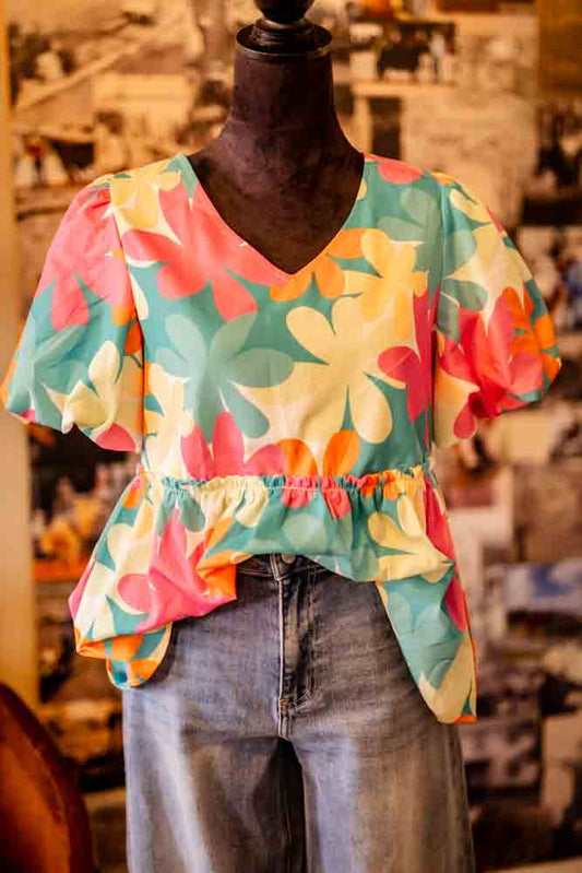 Floral Bubble Sleeve V-Neck Blouse