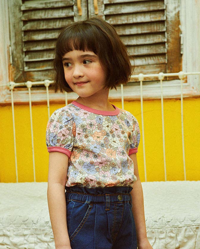 Floral All-Over Print Short Puff Sleeve T-Shirt