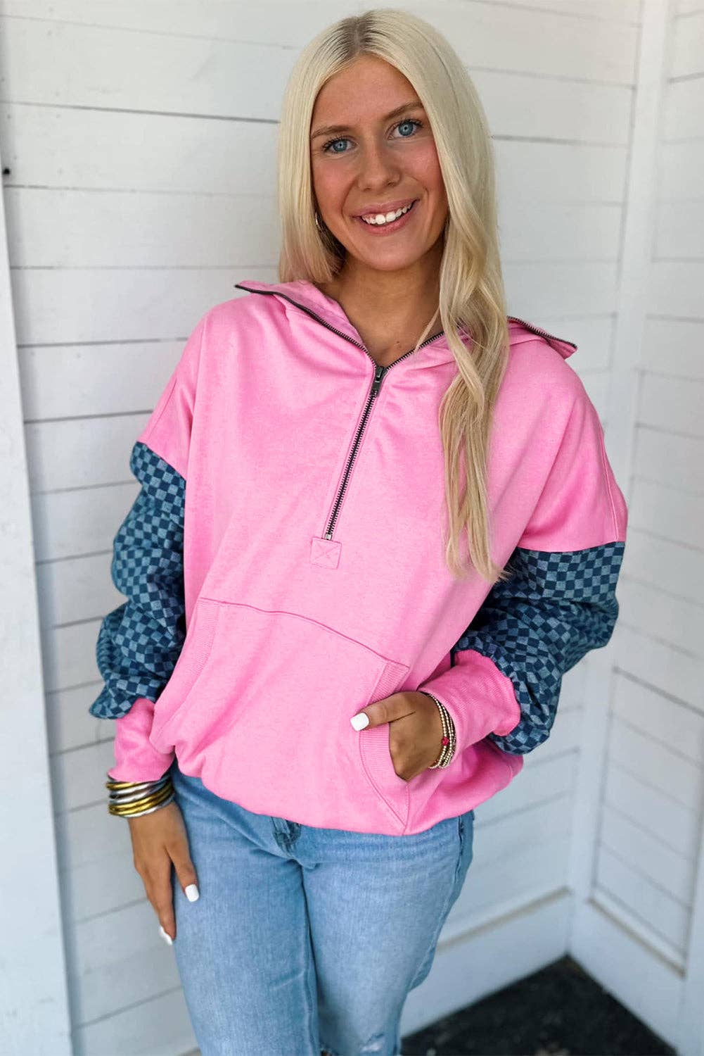 Hot Pink Denim Checkered Hoodie