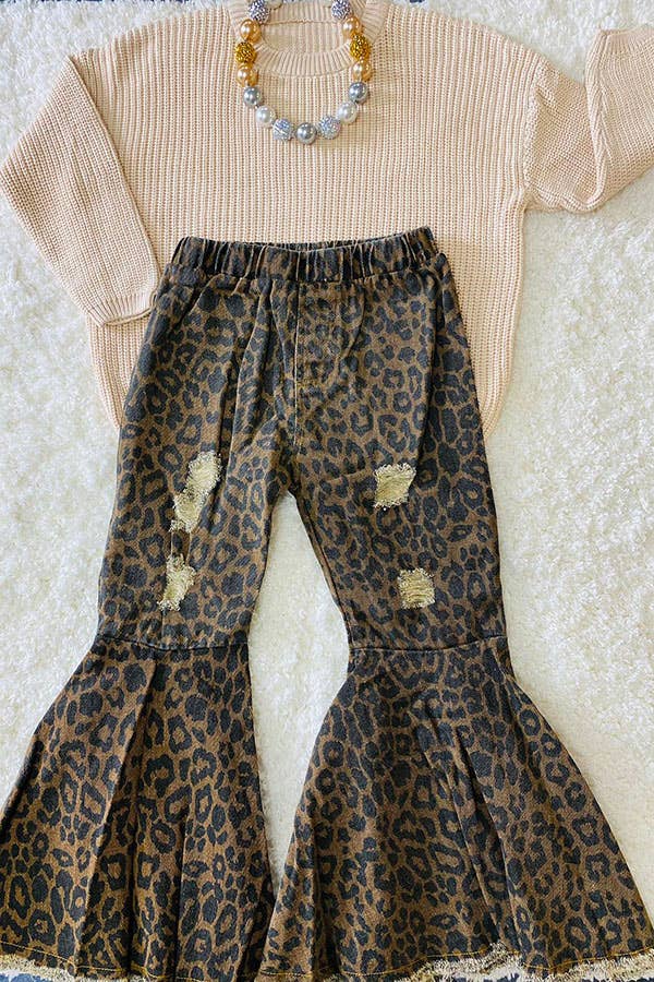LITTLE COWGAL LEOPARD DENIM BELL BOTTOMS