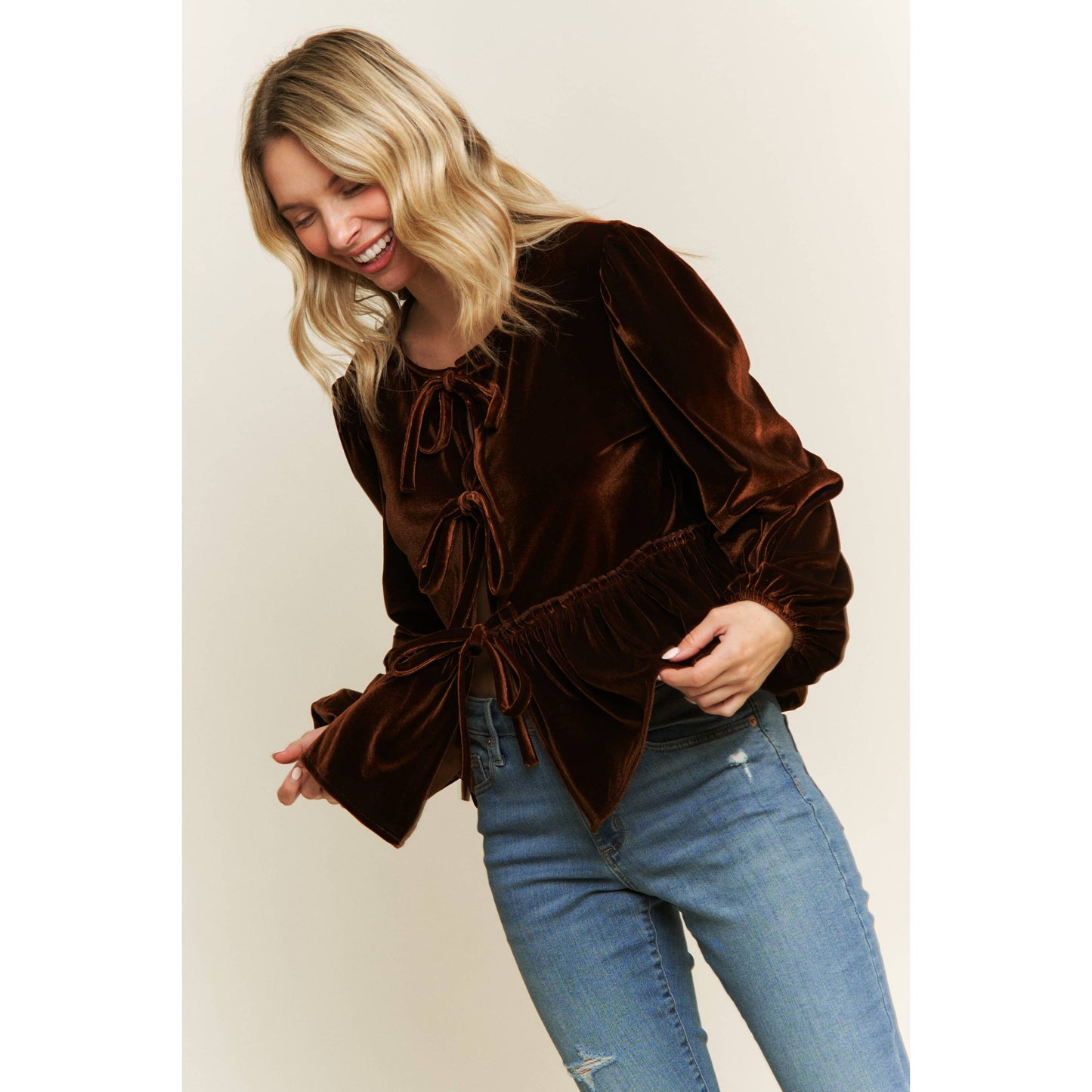 VELVET OPEN FRONT BABYDOLL LONG SLEEVE BLOUSE