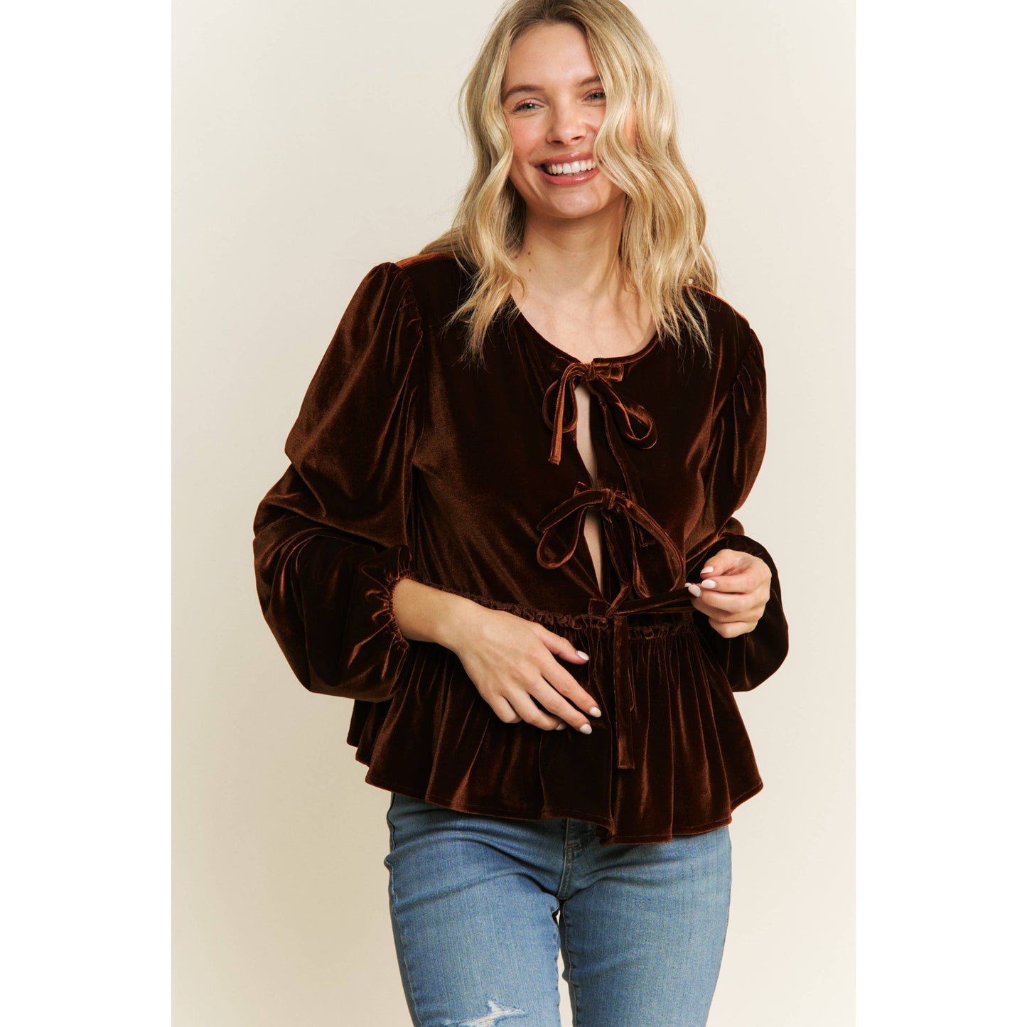 VELVET OPEN FRONT BABYDOLL LONG SLEEVE BLOUSE