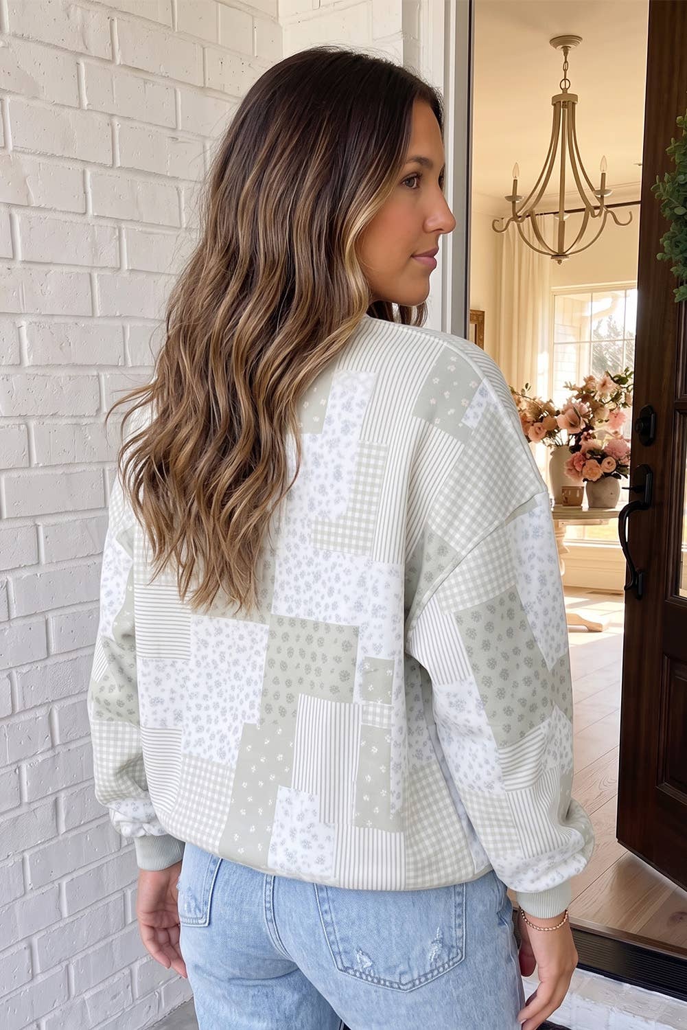 Tan Patchwork Mock Neck Top