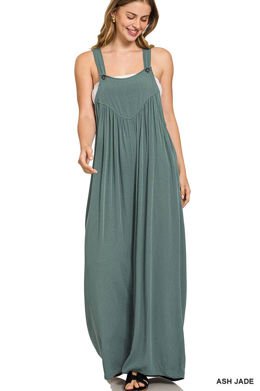 Woven Rayon Crepe Overalls w/ Side Pockets
