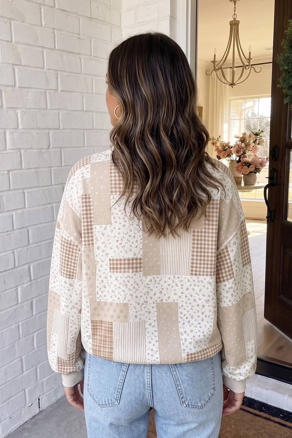 Tan Patchwork Mock Neck Top